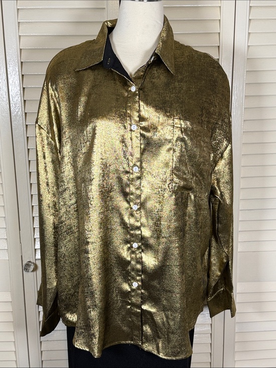 Tops - Metallic Liquid Gold Shiny Button Down Blouse Shirt Plus Size 2XL Brand New